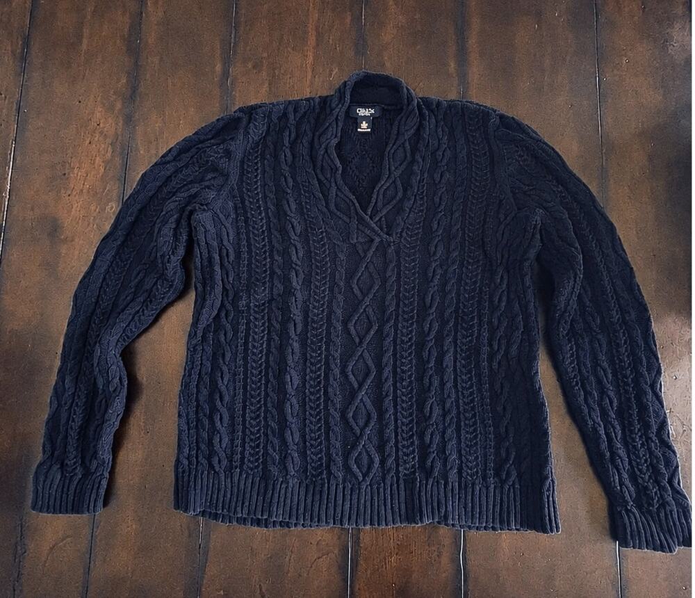 Chaps Mens M Navy Blue 100% Cotton Cable Knit Shawl Collar Pullover Sweater